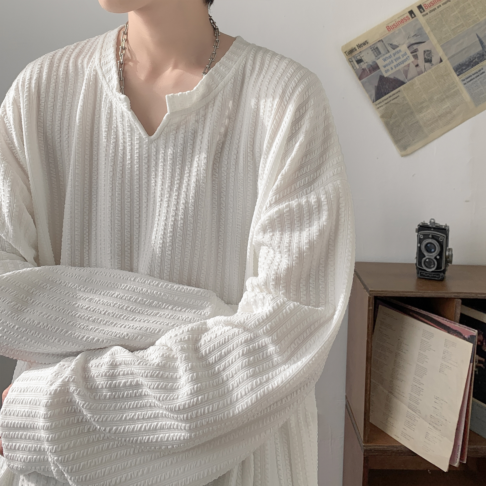 Loose Long Sleeve V-Neck T-Shi – Streetwear Brand Popular Bewertung und Preis