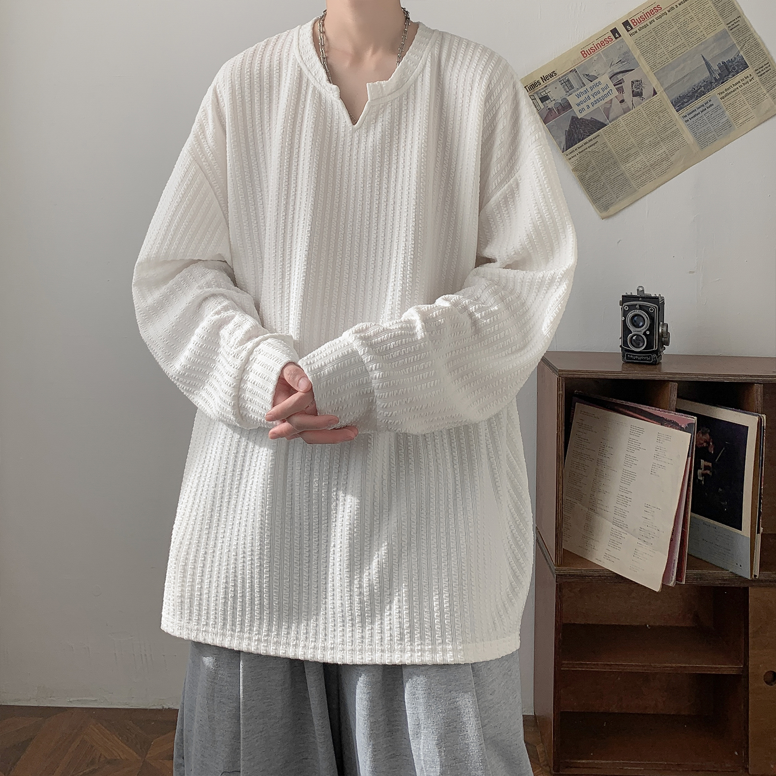 Loose Long Sleeve V-Neck T-Shi – Streetwear Brand Popular Bewertung und Preis